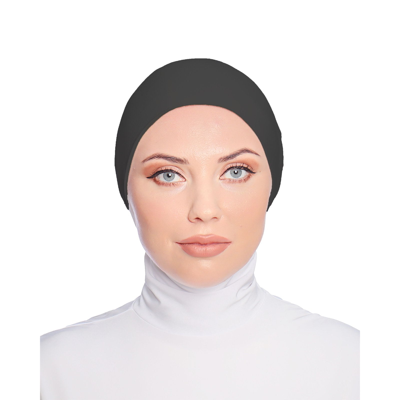 Model wearing a simple black hijab cap, ideal for everyday wear and hijab styling.