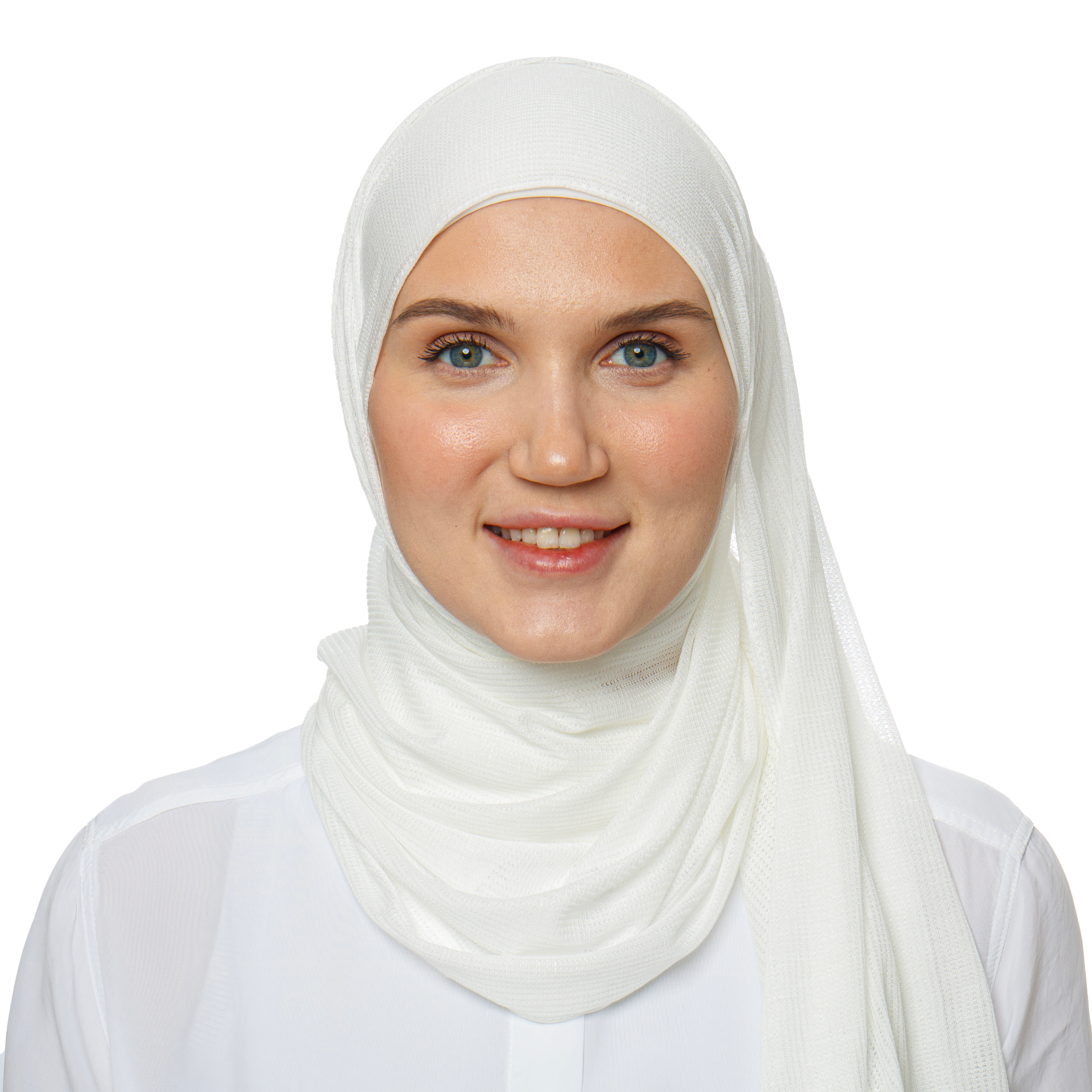 Front view model wearing white stylish modest hijab in a white background setting with a comfortable white underscarf.