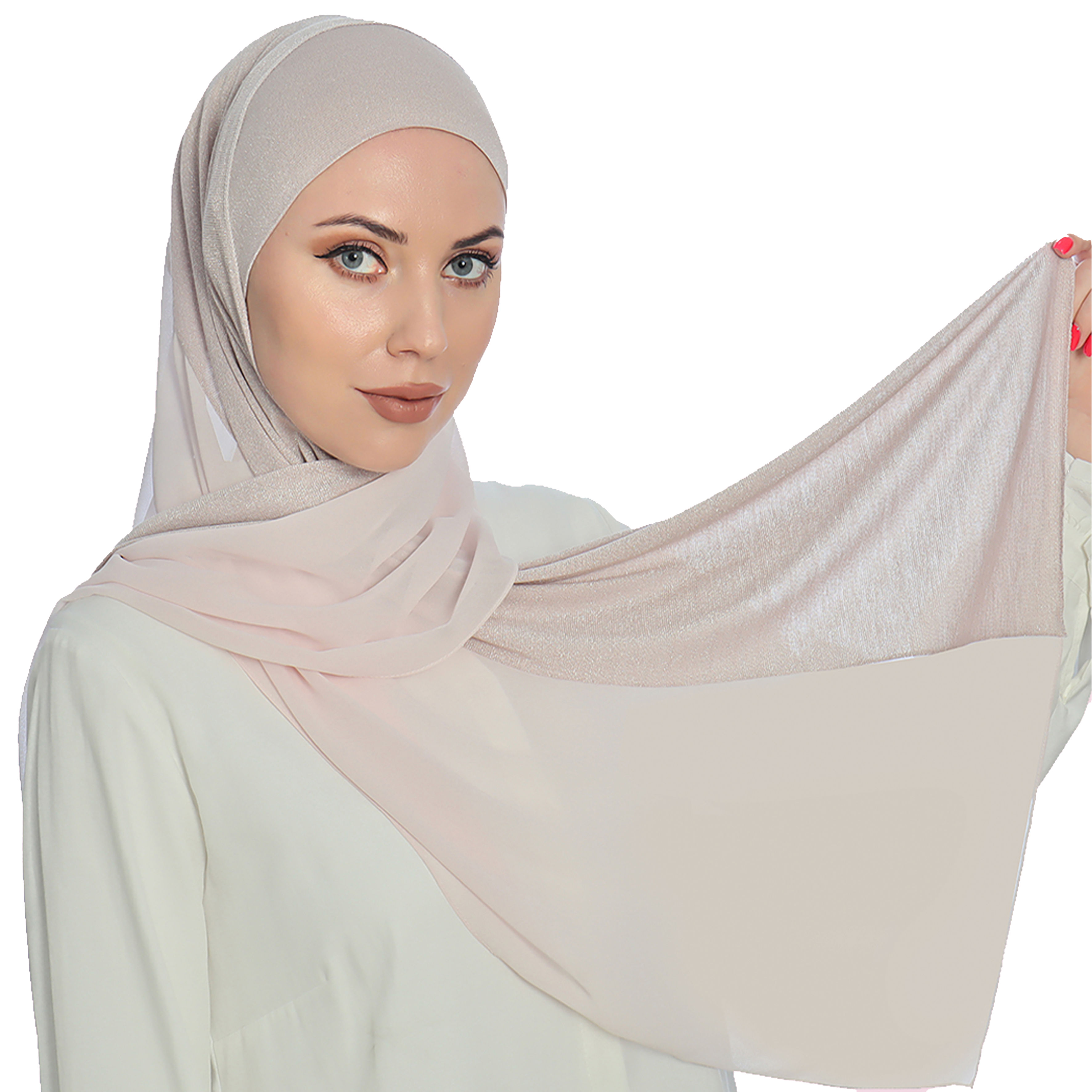 Close-up of a light pink cotton and lame hijab, held by a model to display its smooth and semi-transparent fabric.