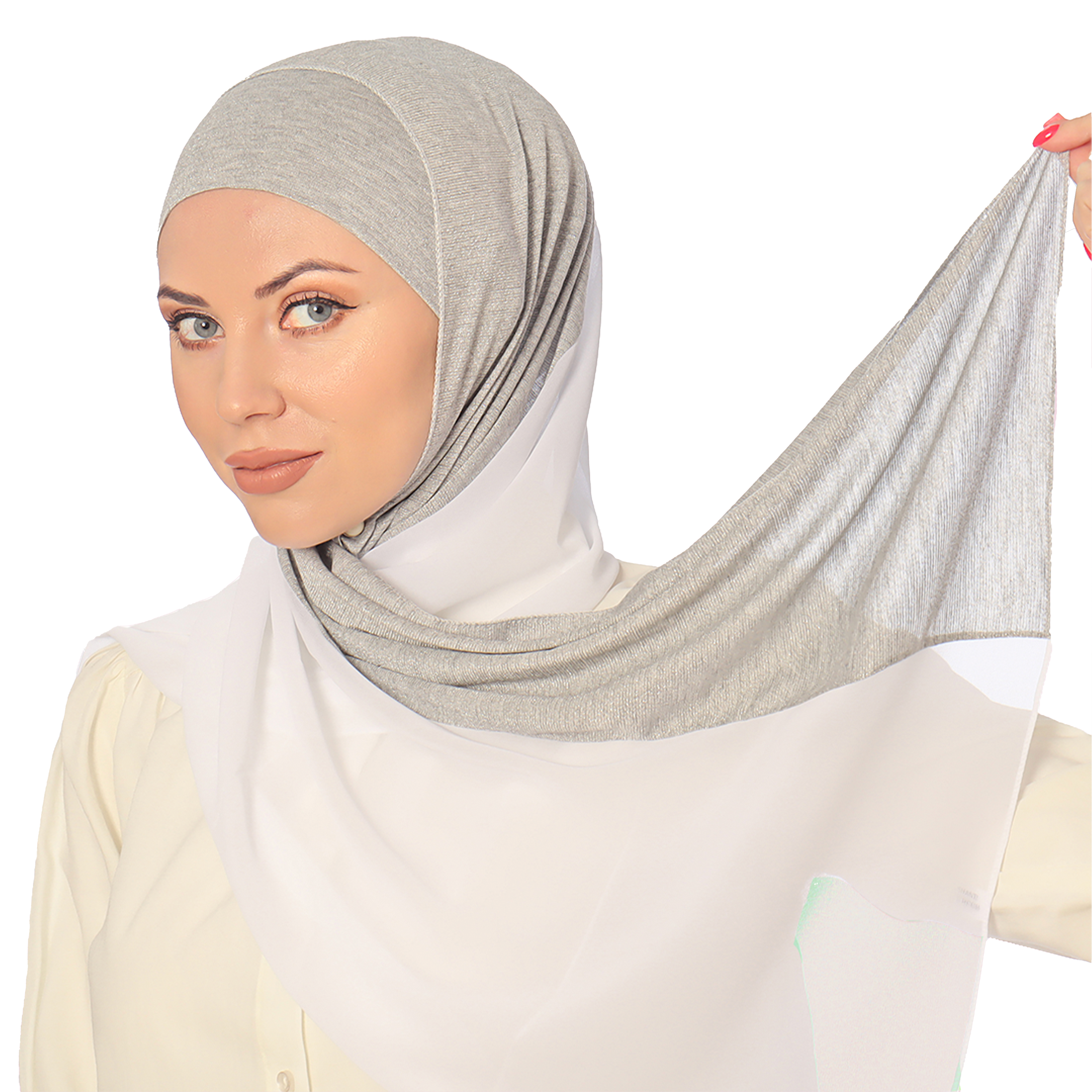 Model wearing Half Chiffon Half lame in a stylish modest style. silver and White hijab.