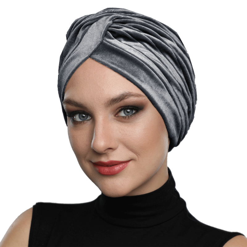 Charcoal grey and black striped turban with a sophisticated twist-knot design for a bold look.
